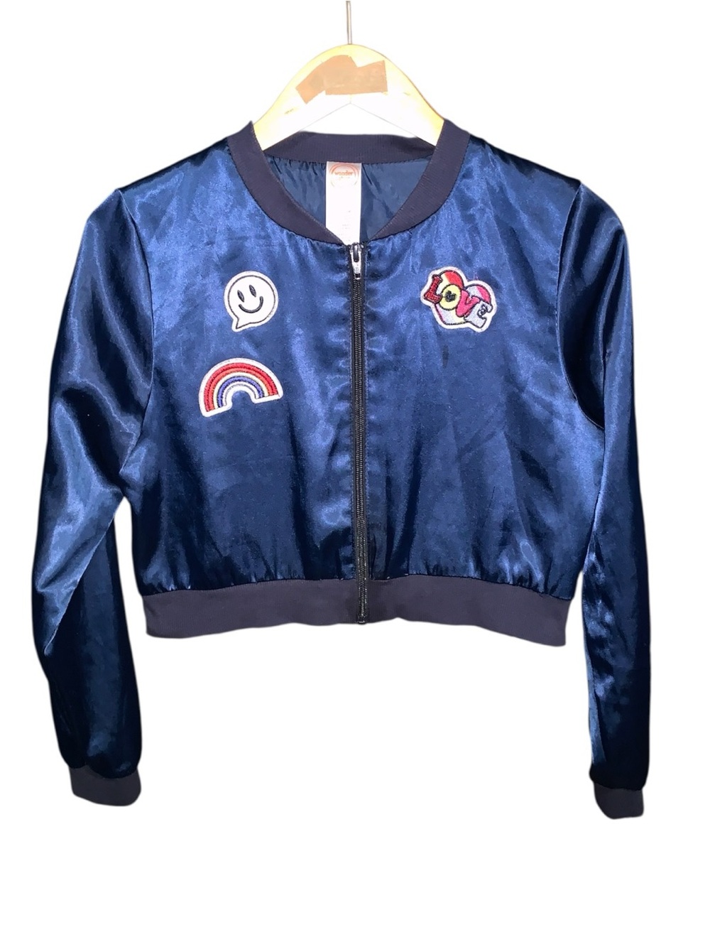 Wonder Nation Girls Navy Satin Bomber Jacket with Fun Patches
